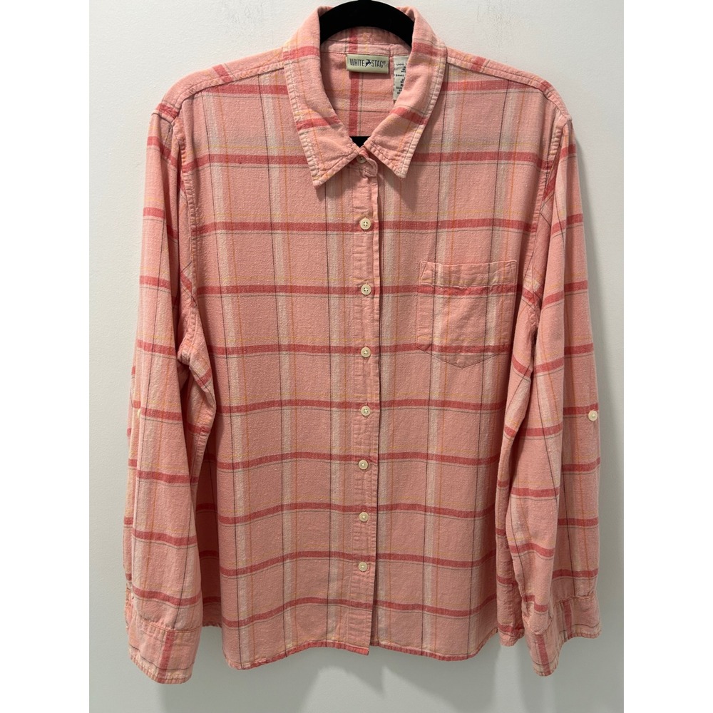 White Stag Womens XL Brush Apricot Plaid Linen Cotton Roll Tab Button Down Shirt